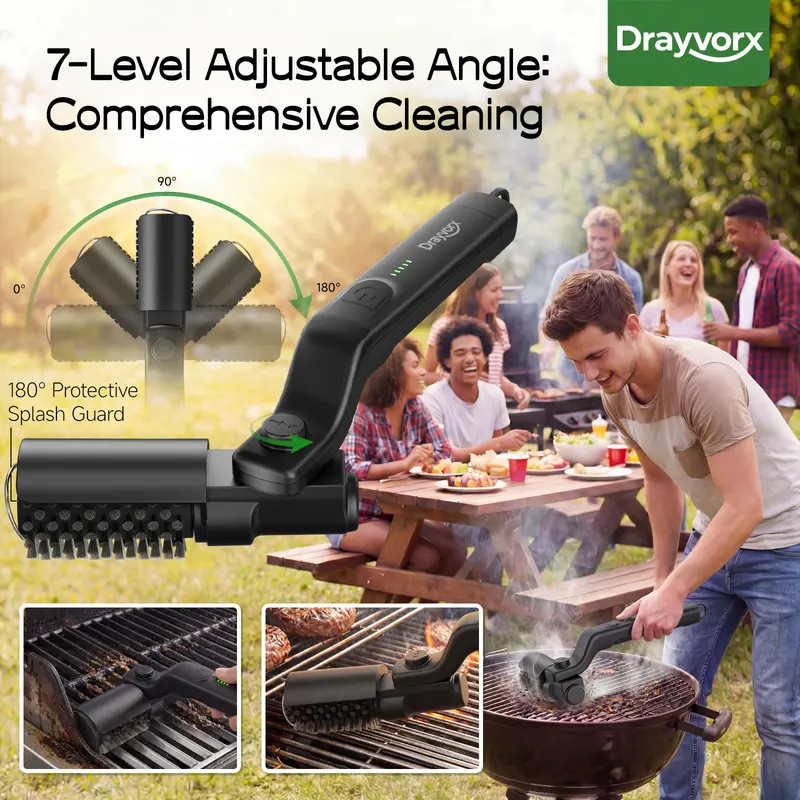 Electric BBQ Grill Brush Cordless & Rechargeable with 2 Replacement Heads, Adjustable Angle, Heavy-Duty Grill Cleaning Tool for Rust, Grease & Dirt Removal