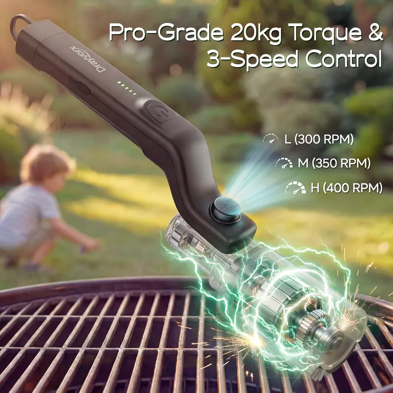 Electric BBQ Grill Brush Cordless & Rechargeable with 2 Replacement Heads, Adjustable Angle, Heavy-Duty Grill Cleaning Tool for Rust, Grease & Dirt Removal