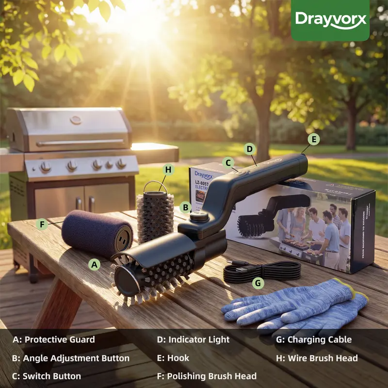 Electric BBQ Grill Brush Cordless & Rechargeable with 2 Replacement Heads, Adjustable Angle, Heavy-Duty Grill Cleaning Tool for Rust, Grease & Dirt Removal